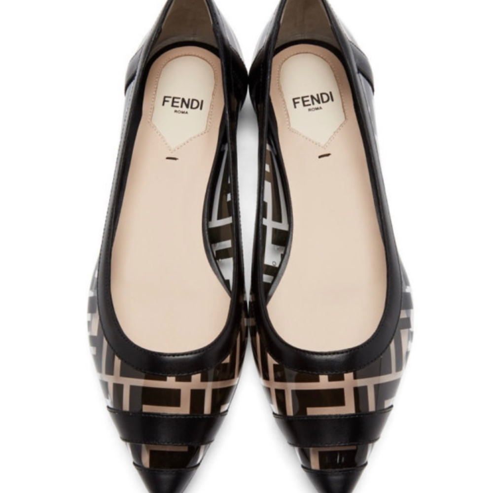 100% AUTHENTIC FENDI Colibri PVC Logo Pointed Toe Ballet Flat